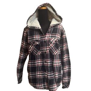BOSTON TRADERS Women’s SM Sherpa Fleece Flannel Jacket Shacket Red White Black